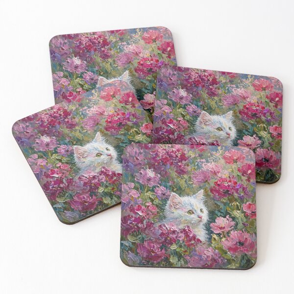 Item preview, White Kitten Peeking Through Pink Blooms Oil Painting designed and sold by Jozefin's Studio.