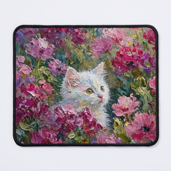 Item preview, White Kitten Peeking Through Pink Blooms Oil Painting designed and sold by Jozefin's Studio.