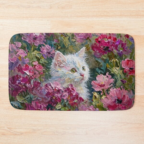 Item preview, White Kitten Peeking Through Pink Blooms Oil Painting designed and sold by Jozefin's Studio.