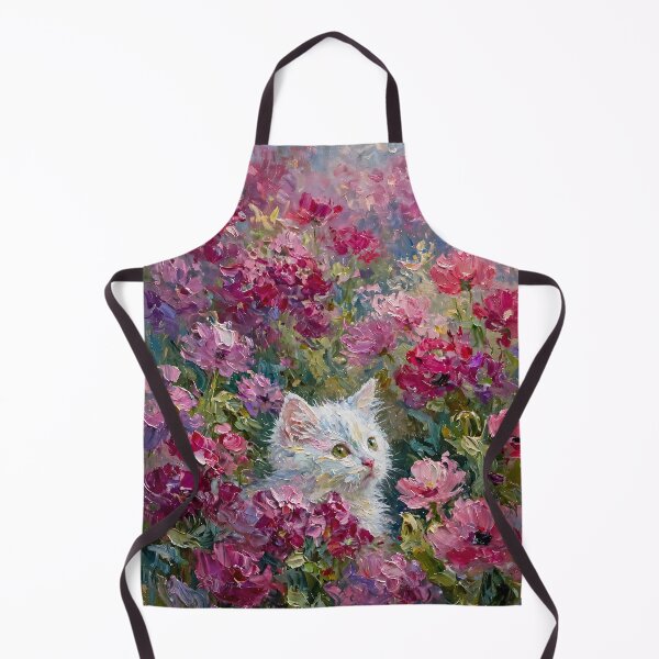 Item preview, White Kitten Peeking Through Pink Blooms Oil Painting designed and sold by Jozefin's Studio.