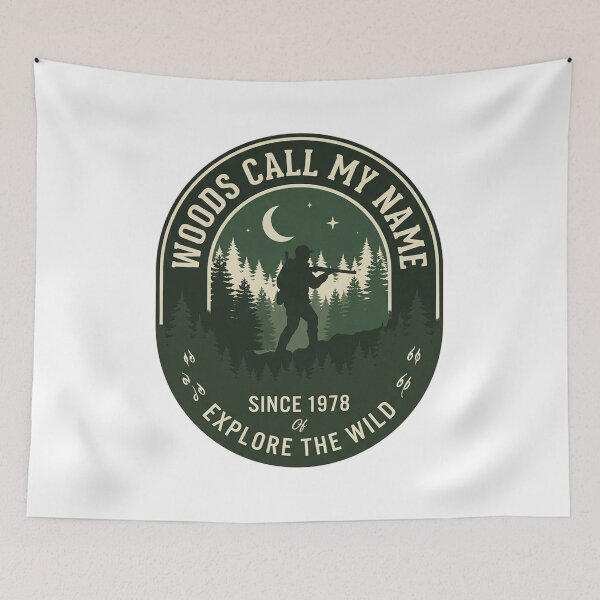 Item preview, "Woods Call My Name" Vintage Hunter Emblem – Retro Pine Forest & Moon Badge Design T-Shirt designed and sold by RokomariFabric.