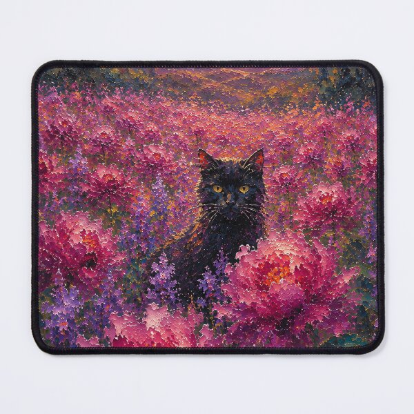 Item preview, Black Cat in Pink Flower Field Impressionist Oil Painting designed and sold by Jozefin's Studio.