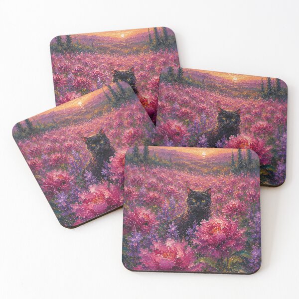Item preview, Black Cat in Pink Flower Field Impressionist Oil Painting designed and sold by Jozefin's Studio.
