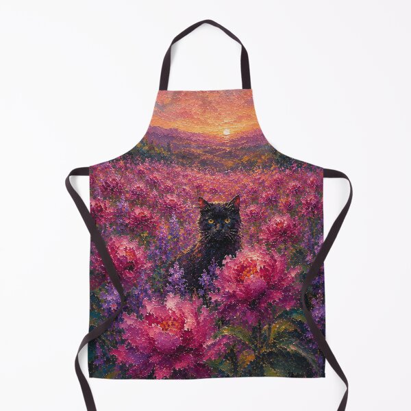 Item preview, Black Cat in Pink Flower Field Impressionist Oil Painting designed and sold by Jozefin's Studio.