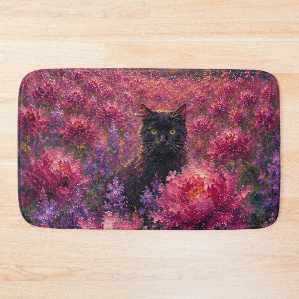 Item preview, Black Cat in Pink Flower Field Impressionist Oil Painting designed and sold by Jozefin's Studio.