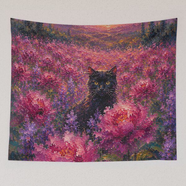 Item preview, Black Cat in Pink Flower Field Impressionist Oil Painting designed and sold by Jozefin's Studio.