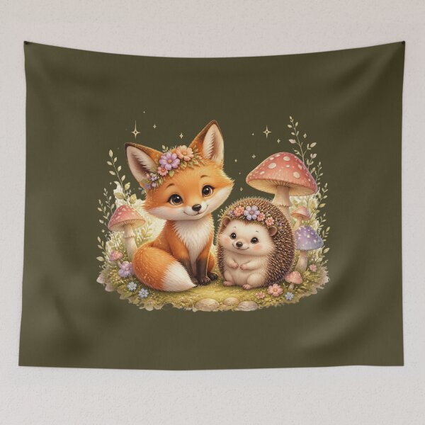 Item preview, Cute Woodland Fox and Hedgehog with Flowers and Mushrooms designed and sold by All About DigiCraft by Fedelina.