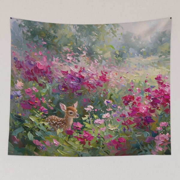 Item preview, Impressionist Flower Field Painting with Hidden Fawn designed and sold by Jozefin's Studio.