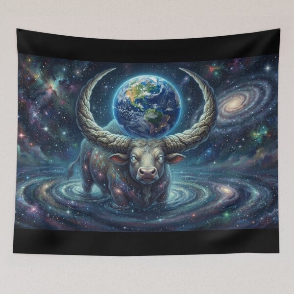 Item preview, Cosmic Bull Holding Earth Space Myth Art designed and sold by AfresStudio.