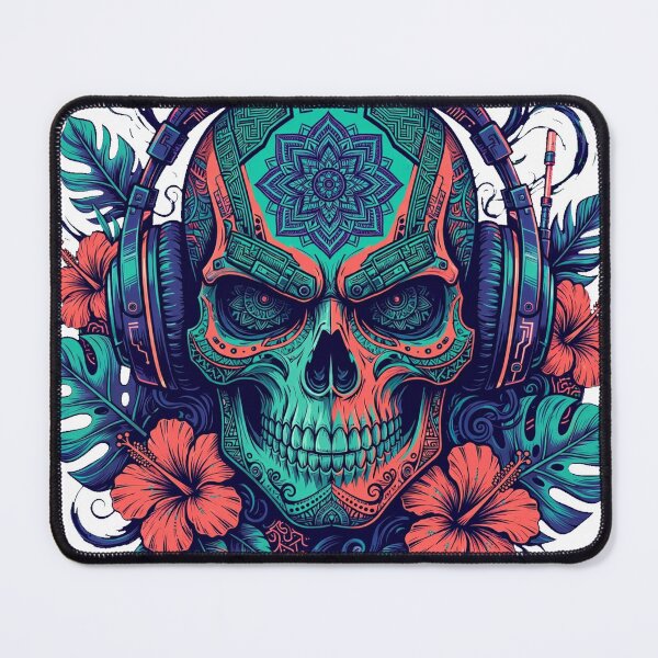 Item preview, Cyberpunk Samurai Skull with Gaming Headphones - Tropical Tribal Art designed and sold by VYBE DARK Studio.
