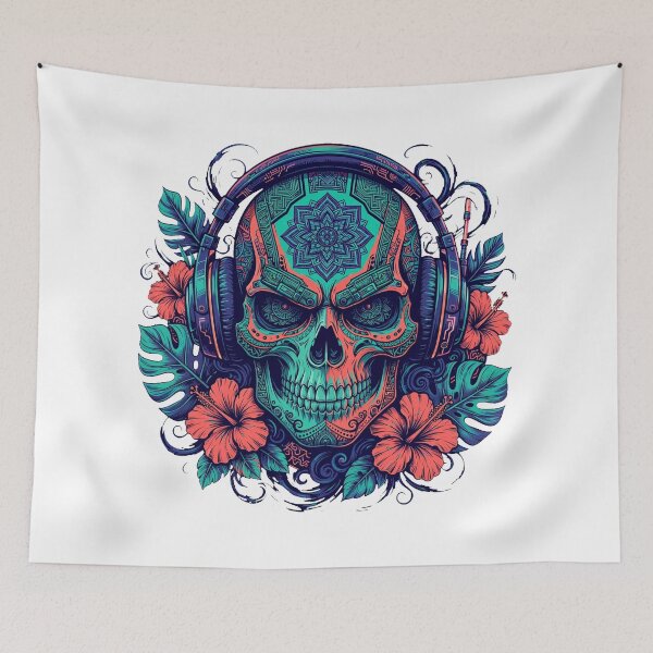 Item preview, Cyberpunk Samurai Skull with Gaming Headphones - Tropical Tribal Art designed and sold by VYBE DARK Studio.