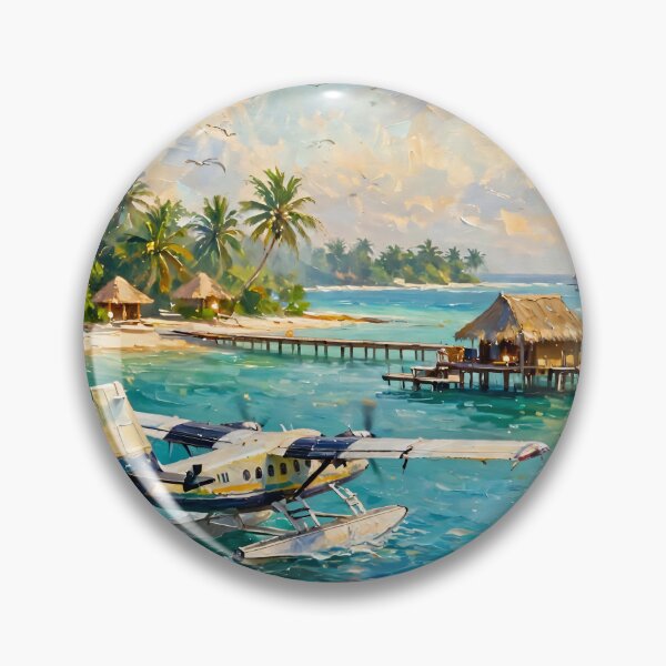 Item preview, Tropical Seaplane Oil Painting Turquoise Lagoon Overwater Bungalows Maldives designed and sold by Jozefin's Studio.