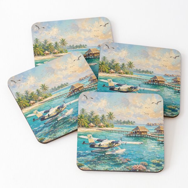 Item preview, Tropical Seaplane Oil Painting Turquoise Lagoon Overwater Bungalows Maldives designed and sold by Jozefin's Studio.