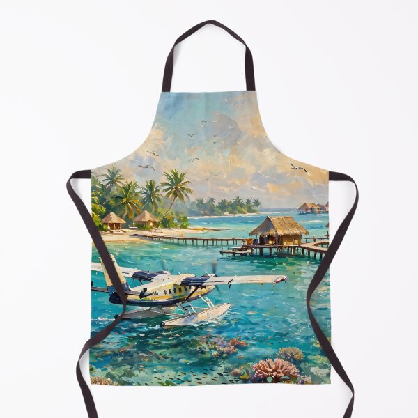 Item preview, Tropical Seaplane Oil Painting Turquoise Lagoon Overwater Bungalows Maldives designed and sold by Jozefin's Studio.