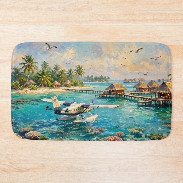 Item preview, Tropical Seaplane Oil Painting Turquoise Lagoon Overwater Bungalows Maldives designed and sold by Jozefin's Studio.
