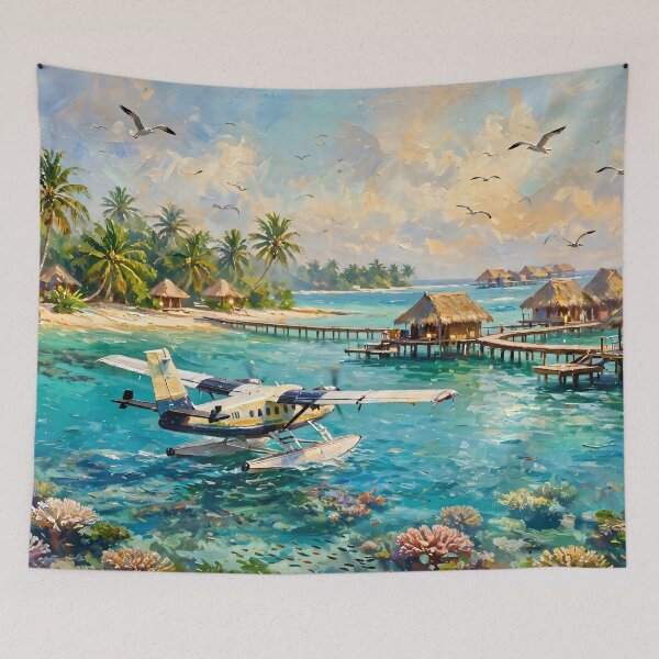 Item preview, Tropical Seaplane Oil Painting Turquoise Lagoon Overwater Bungalows Maldives designed and sold by Jozefin's Studio.