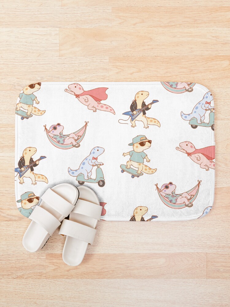 Thumbnail 1 of 6, Bath Mat, Gecko Daily Routine designed and sold by Pixel8Bites.