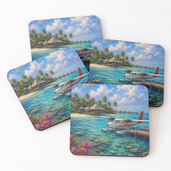Item preview, Tropical Seaplane Painting Turquoise Lagoon Pointillism designed and sold by Jozefin's Studio.