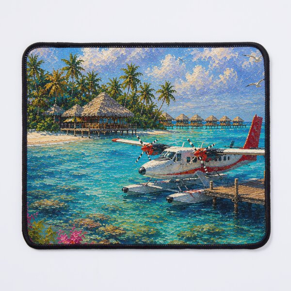 Item preview, Tropical Seaplane Painting Turquoise Lagoon Pointillism designed and sold by Jozefin's Studio.