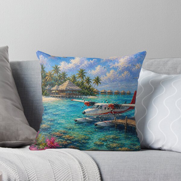 Item preview, Tropical Seaplane Painting Turquoise Lagoon Pointillism designed and sold by Jozefin's Studio.