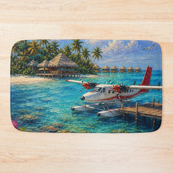 Item preview, Tropical Seaplane Painting Turquoise Lagoon Pointillism designed and sold by Jozefin's Studio.