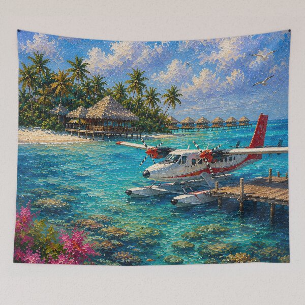 Item preview, Tropical Seaplane Painting Turquoise Lagoon Pointillism designed and sold by Jozefin's Studio.