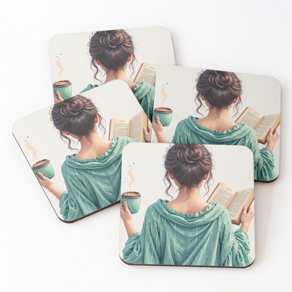 Item preview, Relaxed Woman Reading with Coffee in Green – Cozy Book Lover Artwork designed and sold by PeacefulD-signs.