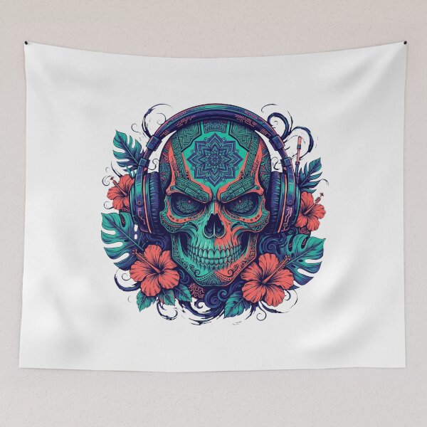 Item preview, Cyberpunk Samurai Skull with Gaming Headphones - Tropical Tribal Art designed and sold by VYBE DARK Studio.