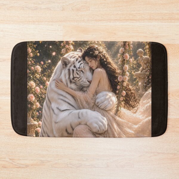 Item preview, White Tiger Embracing Woman in Rose Garden | Romantic Fantasy Art designed and sold by ManJiangHong.