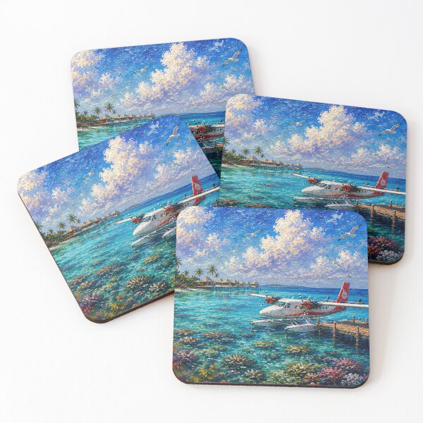 Item preview, Tropical Seaplane Oil Painting Turquoise Lagoon Bungalows designed and sold by Jozefin's Studio.