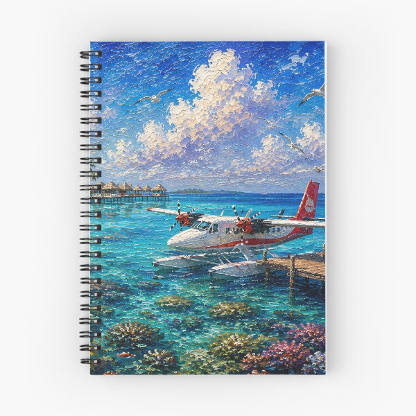 Item preview, Tropical Seaplane Oil Painting Turquoise Lagoon Bungalows designed and sold by Jozefin's Studio.
