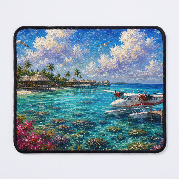 Item preview, Tropical Seaplane Oil Painting Turquoise Lagoon Bungalows designed and sold by Jozefin's Studio.