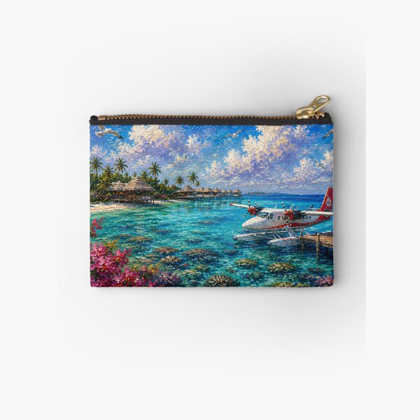 Item preview, Tropical Seaplane Oil Painting Turquoise Lagoon Bungalows designed and sold by Jozefin's Studio.
