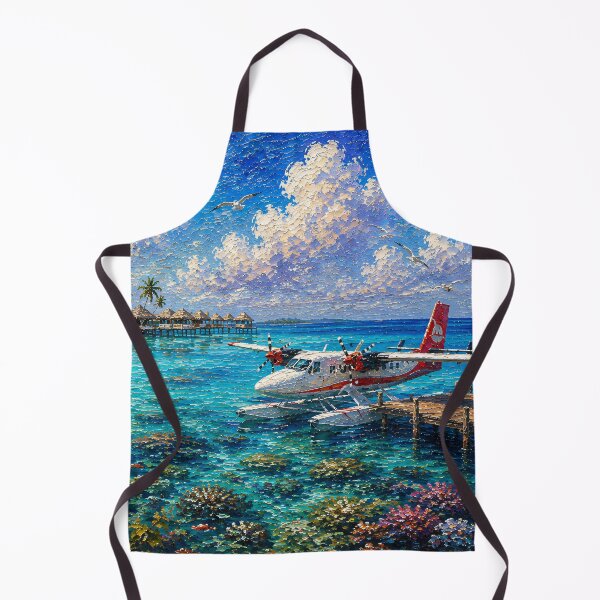 Item preview, Tropical Seaplane Oil Painting Turquoise Lagoon Bungalows designed and sold by Jozefin's Studio.
