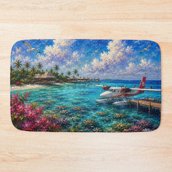 Item preview, Tropical Seaplane Oil Painting Turquoise Lagoon Bungalows designed and sold by Jozefin's Studio.