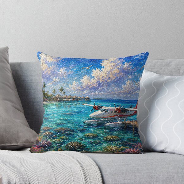 Item preview, Tropical Seaplane Oil Painting Turquoise Lagoon Bungalows designed and sold by Jozefin's Studio.