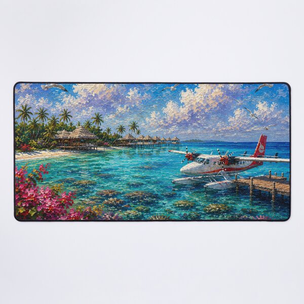 Item preview, Tropical Seaplane Oil Painting Turquoise Lagoon Bungalows designed and sold by Jozefin's Studio.