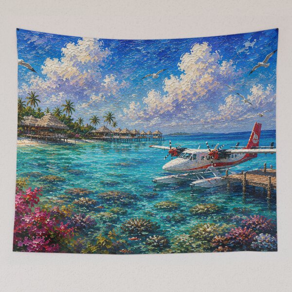 Item preview, Tropical Seaplane Oil Painting Turquoise Lagoon Bungalows designed and sold by Jozefin's Studio.
