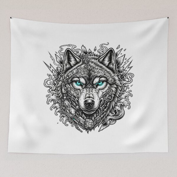 Item preview, Cyberpunk Wolf Head Neon Cyan Eyes - Japanese Wave Mechanical Art designed and sold by VYBE DARK Studio.