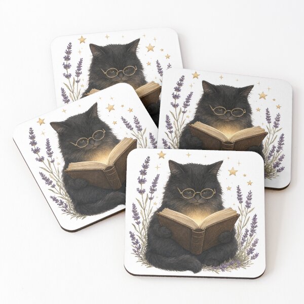 Item preview, Black Cat Reading Book with Lavender and Stars designed and sold by AMIGOSHOP1984.