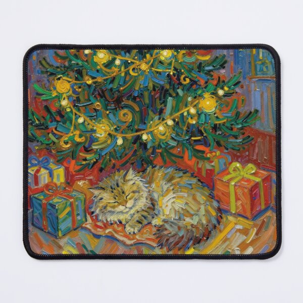Item preview, Van Gogh Style Sleeping Christmas Cat Under Tree Oil Painting designed and sold by WildArtIT.