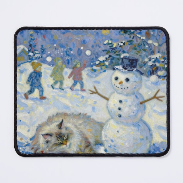 Item preview, Van Gogh Style Sleeping Siberian Cat and Snowman Winter Painting designed and sold by WildArtIT.