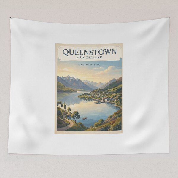 Item preview,  Queenstown New Zealand Vintage Travel Poster – Lake Wakatipu & Mountains designed and sold by ElartedeNoel.
