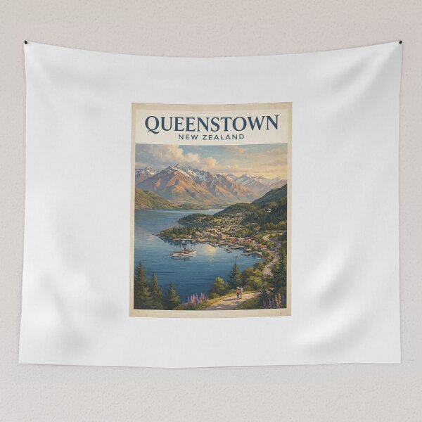 Item preview, Queenstown New Zealand Vintage Travel Poster – Lake Wakatipu & Mountains designed and sold by ElartedeNoel.