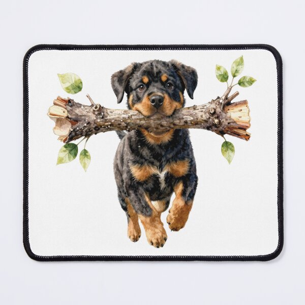 Item preview, Watercolor Rottweiler Puppy Holding Big Stick designed and sold by WildArtIT.