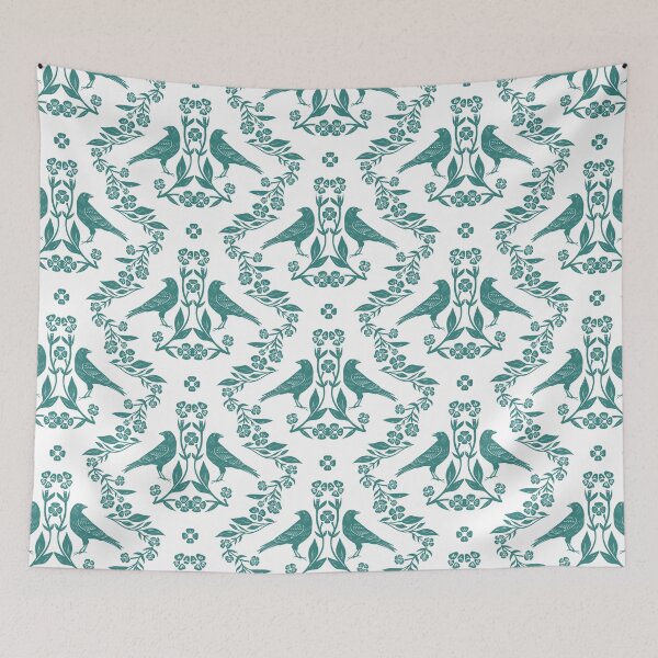 Item preview, Fabric in Teal Crow Floral Damask - Gothic Botanical Bird Pattern designed and sold by Flora-and-Fable.