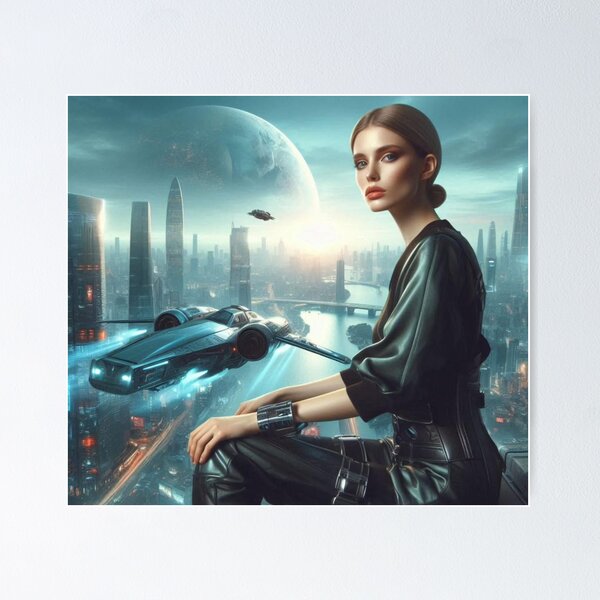 Item preview, Futuristic City Moon | Sci Fi Woman Portrait | Spaceship Skyline Wall Art designed and sold by IRON SIREN.