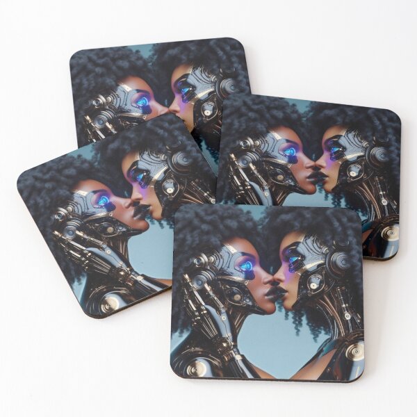 Item preview, Afrofuturism Cyborg Love | WLW Robot Couple Kiss | Sci Fi Black Lesbian Art designed and sold by IRON SIREN.