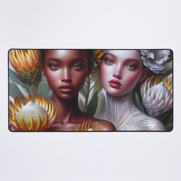 Item preview, Golden Protea Goddesses | Interracial WLW Botanical Art | Black White Lesbian Couple designed and sold by IRON SIREN.