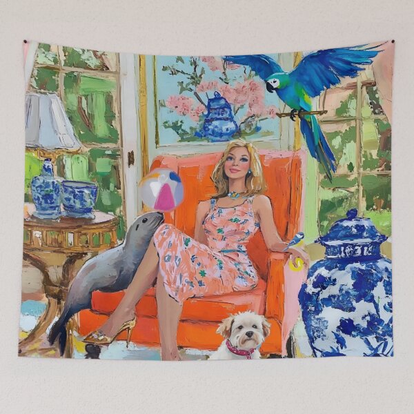 Item preview, Gossipers on orange chair, woman and animals  designed and sold by SophieClimaArt.